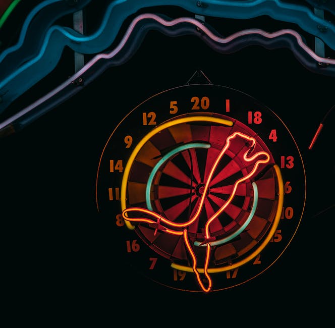 Vibrant neon-lit dartboard against a dark background in İstanbul's nightlife scene.