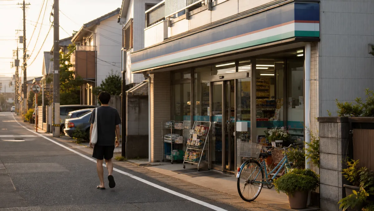 夏の夕方に住宅街のコンビニ前を歩く後ろ姿