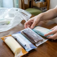 コンビニで買ったアイスバーをダイニングテーブルに並べた手元