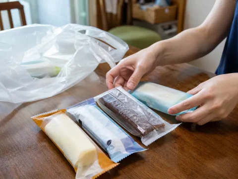 コンビニで買ったアイスバーをダイニングテーブルに並べた手元