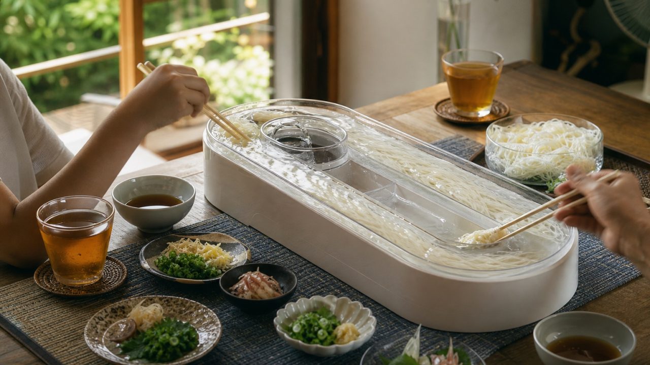 家庭の食卓に置かれた流しそうめん機でそうめんを取る様子