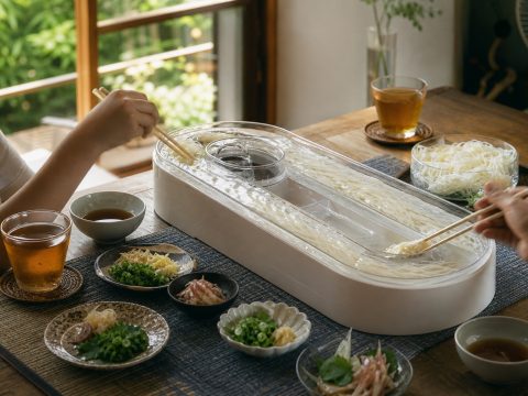家庭の食卓に置かれた流しそうめん機でそうめんを取る様子