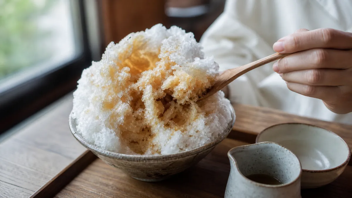 天然氷のかき氷を木のスプーンで崩す手元