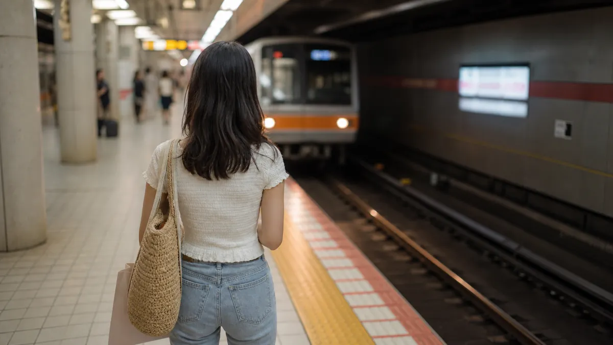 大阪の地下鉄駅ホームで電車を待つ後ろ姿