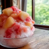 木のテーブルに置かれたフルーツかき氷のクローズアップ