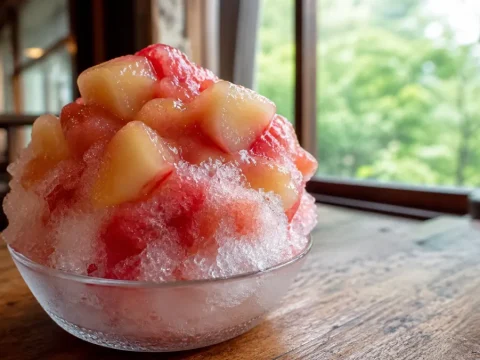 木のテーブルに置かれたフルーツかき氷のクローズアップ