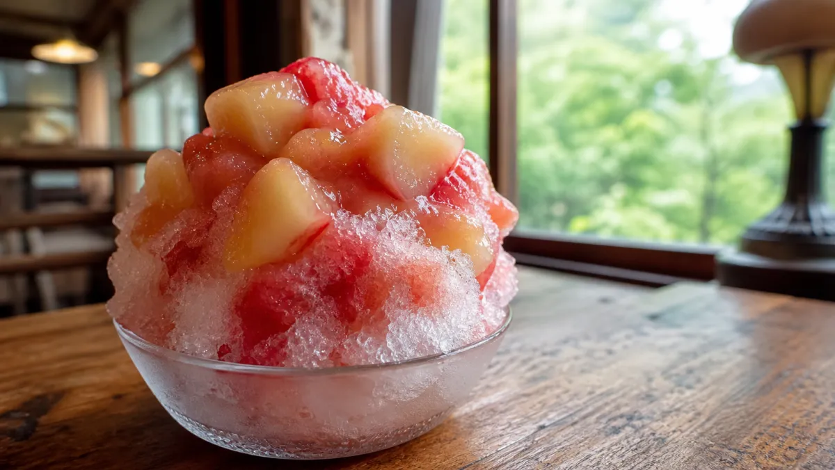 木のテーブルに置かれたフルーツかき氷のクローズアップ