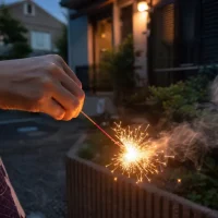 夕暮れの住宅街で手持ち花火をする浴衣姿の手元