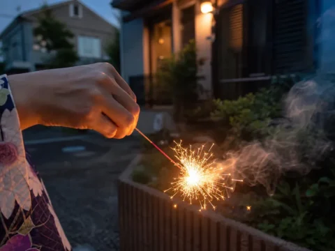 夕暮れの住宅街で手持ち花火をする浴衣姿の手元