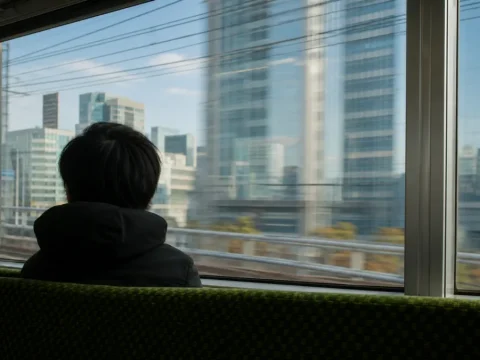 山手線の車内から昼の都心のビル群を眺める後ろ姿