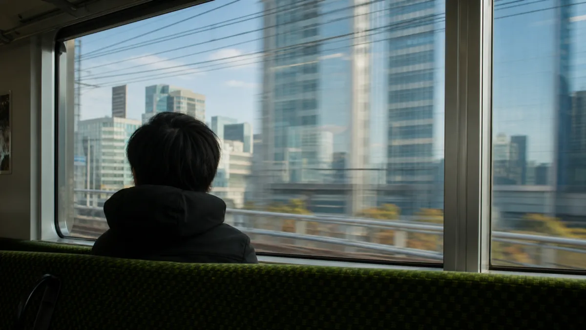 山手線の車内から昼の都心のビル群を眺める後ろ姿